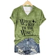 thumbnail image 4 of SAZBJOJN Womens Tops Casual V Neck Short Sleeve Tops for Women Witch Way To The Wine Letter Print T Shirt Funny Halloween Shirts for Women Party Daily Wear Size 2XL Green, 4 of 4