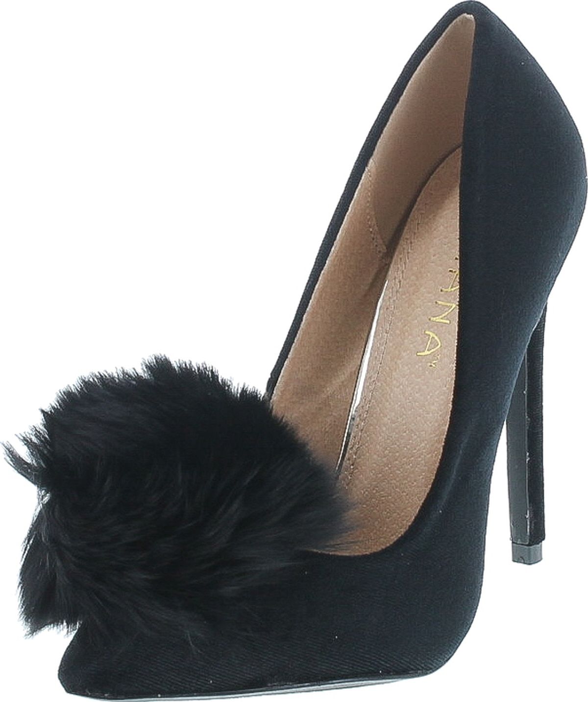 Liliana Affair Velvet Pointy Toe Stiletto High Heel Fur Pom Slip On Pump Slide Shoe, Black, 6 - image 1 of 7