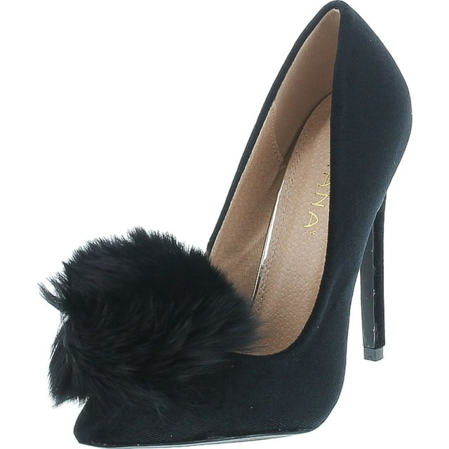 Liliana Affair Velvet Pointy Toe Stiletto High Heel Fur Pom Slip On Pump Slide Shoe, Black, 6