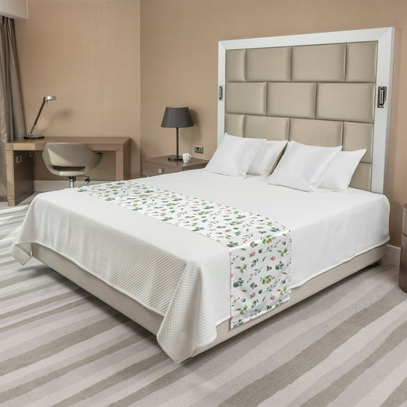 Floral Bed Runner, Feminine Romantic Look Watercolor Look Roses and Leaves, Decorative Accent Bedding Scarf for Hotels Homes and Guestrooms, King, Laurel Green White, by Ambesonne
