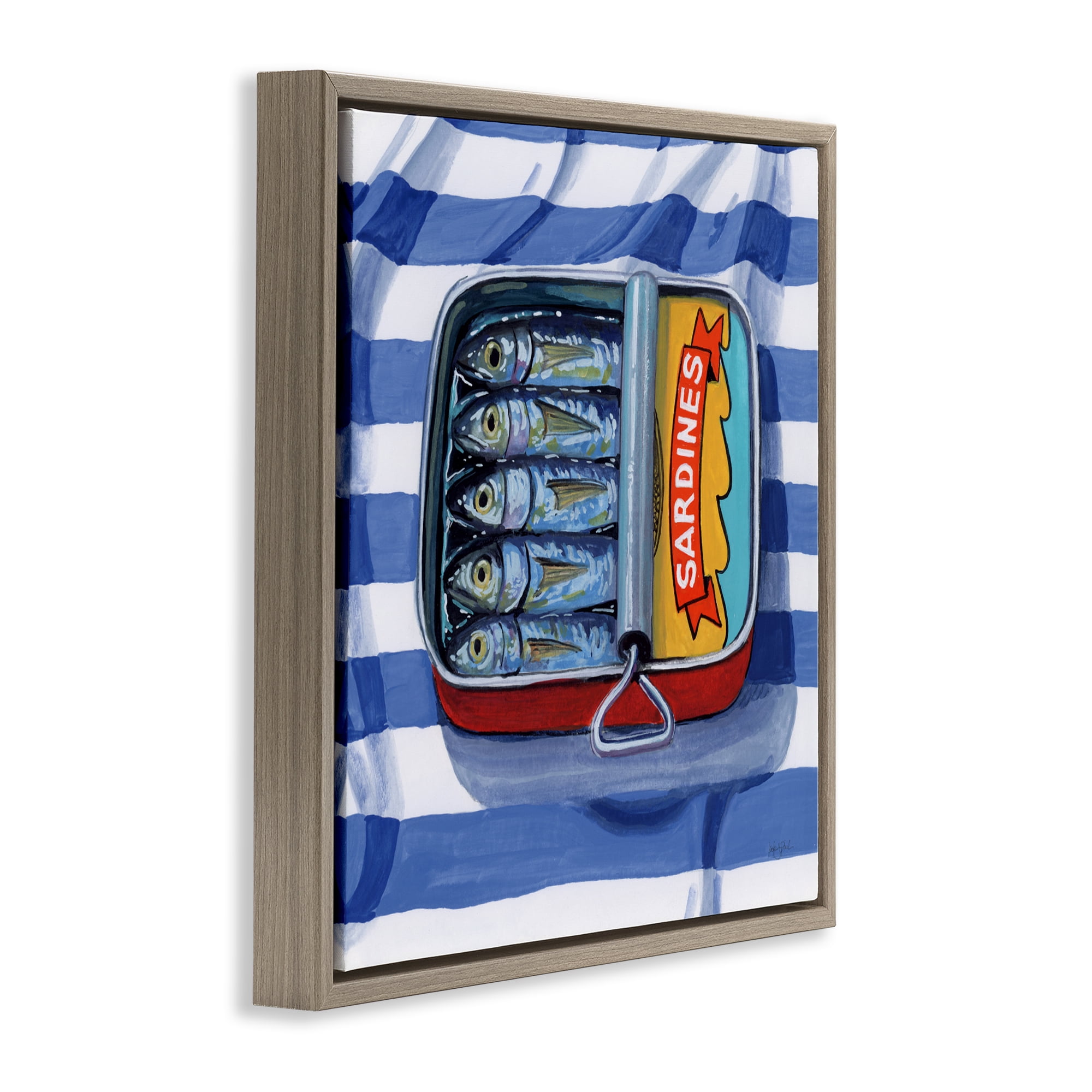 Stupell Industries Sardines On Striped Cloth Brown Framed Floater Canvas Wall Art, design by Kate Jarvik Birch