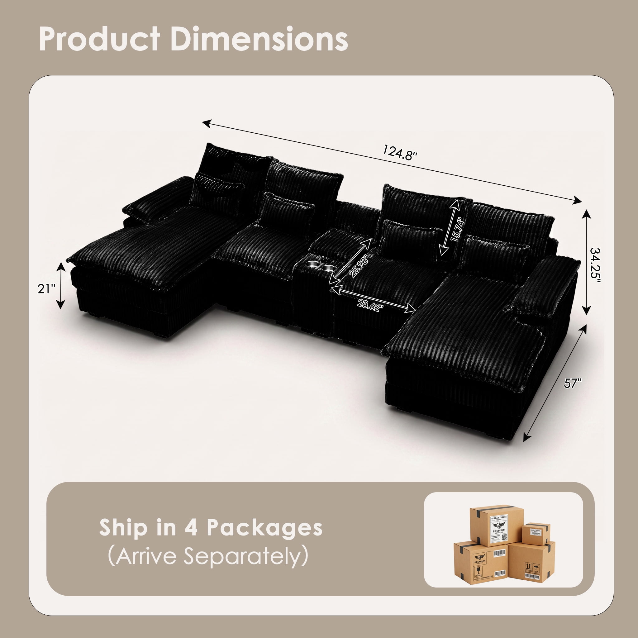 Avobird Oversided 124" U Shaped Cloud Couch Sectional, DeepSeat Sofa Bed with USB Charging, Hidden Storage, Cup Holders & Chenille Double Chaise, Black