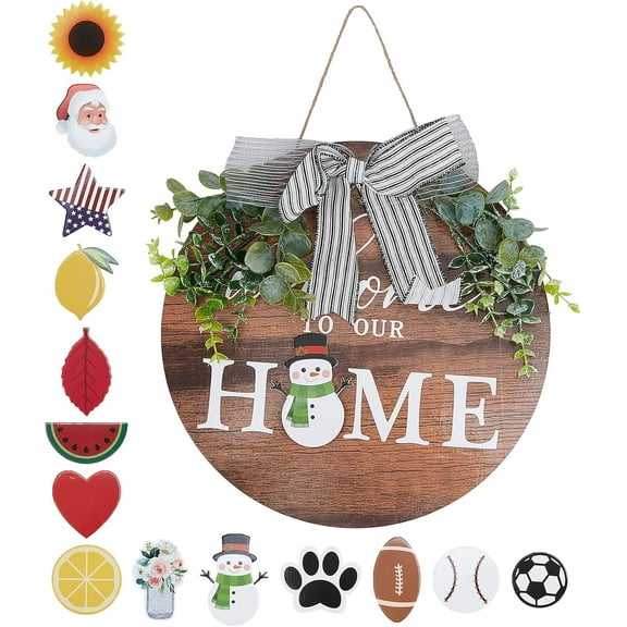 12 Inch Seasonal Welcome Door Sign Interchangeable Wooden Wall Hanging Outdoor Rustic Porch Decor Round Wreath Front Door for DIY handcrafting