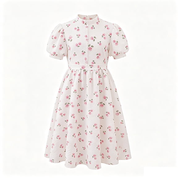 Tfken Soft Dresses Girls Comfy Holiday Travel Girls Floral Print Dresses Party Fashion Dailywear Short Sleeve Child Classic Clothes Size 8-9 Years