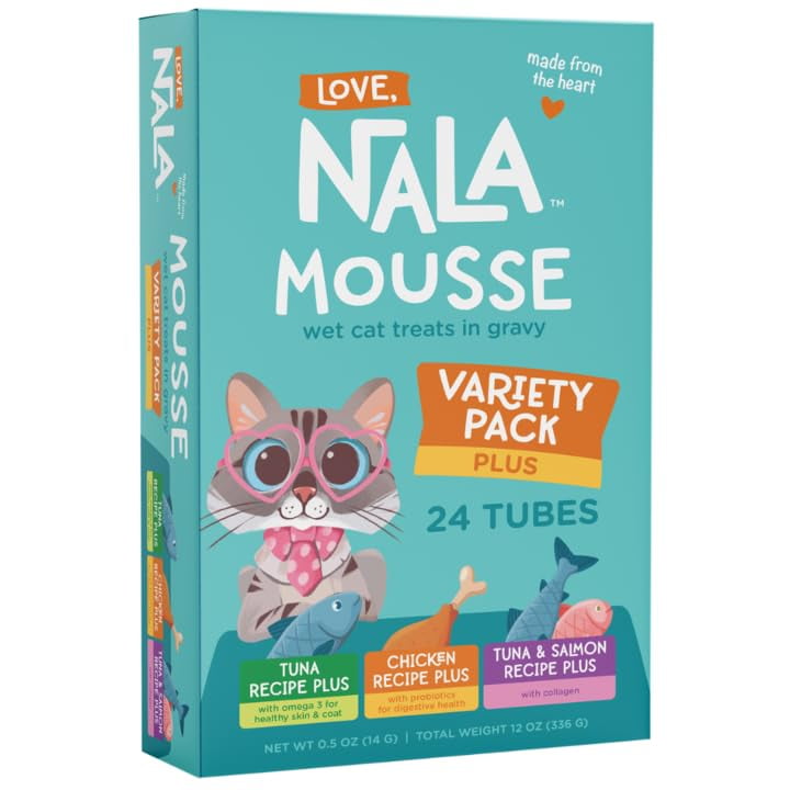 LOVE, NALA - Natural Lickable Cat Squeeze Up Treat,Topper - Variety Plus Pack Mousse - Wet Food Cat Puree - Grain Free, Fiber Blend, Minerals, Vitamins - 24 Pack