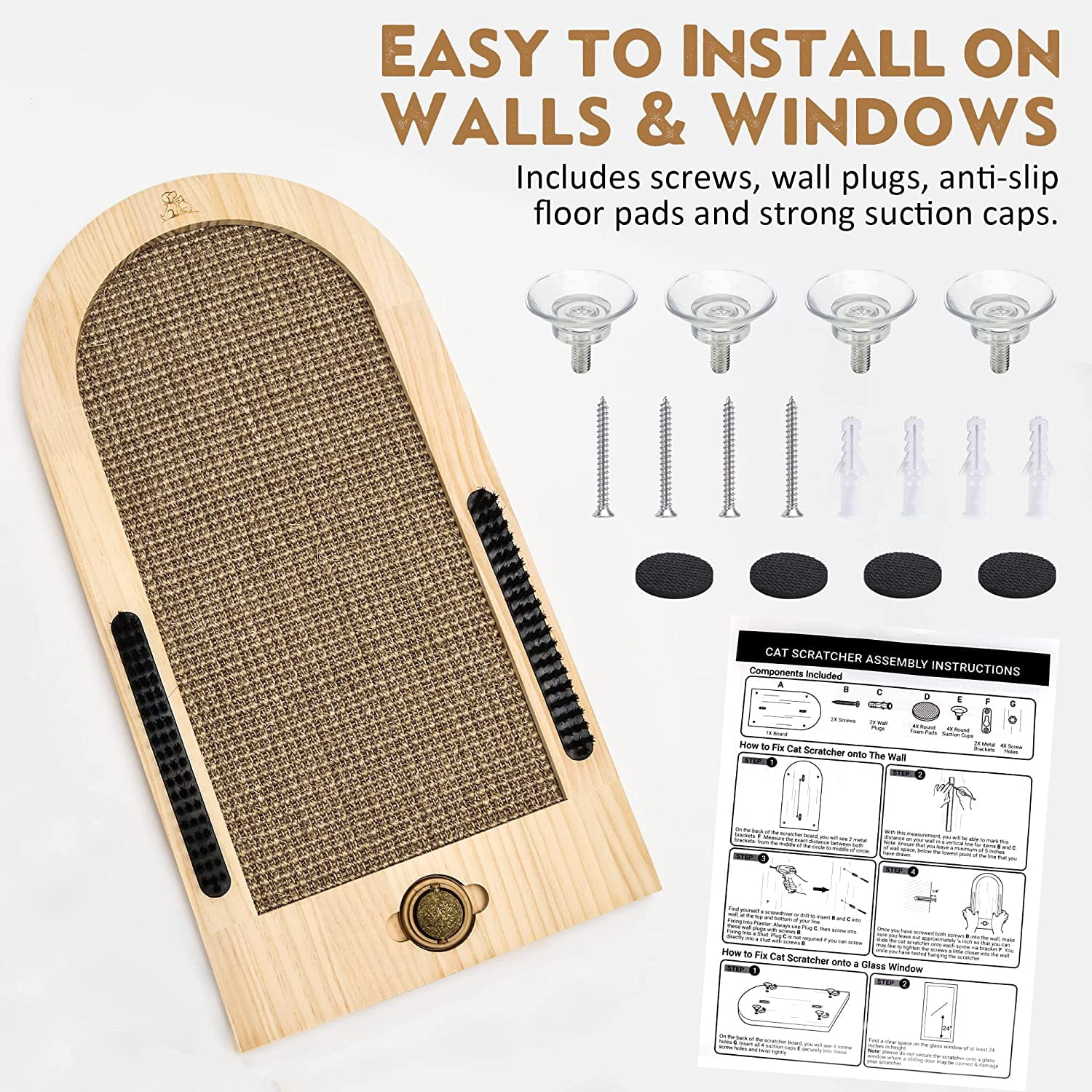Large Wall-Mounted  Scratching Post with Natural Sisal Mat, Boar Bristle Brushes & Catnip Ball for Indoor Cats