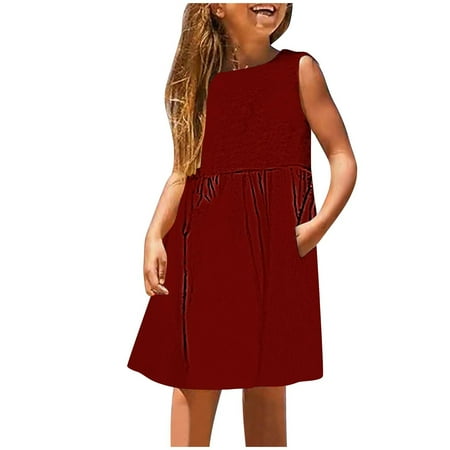 

Geire Summer Vest Dresses for Girls 2024 Sleeveless Crewneck Solid A-Line with Pocket Casual Dresses Everyday Summer Dresses for 3-14 Years