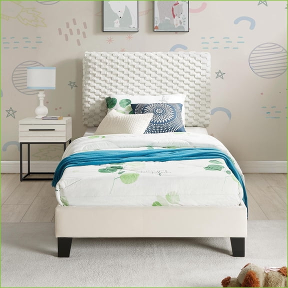Bedroom Set, 2-Piece Twin Plush Upholstered Bed with Nightstand, Off-White | Fabric,MDF,Upholstered | Standard Beds