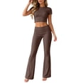 thumbnail image 6 of AHTJRT 2 Piece Workout Sets for Women Athletic Running Yoga Sweatsuits Slim Crew Neck Short Sleeve Crop Tops and High Waist Flared Pants Coffee S, 6 of 8