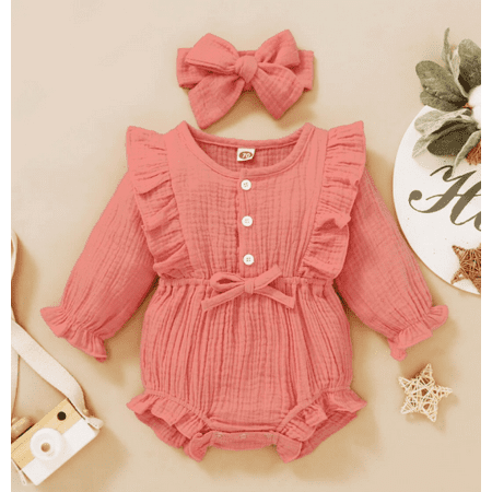 

Binpure Baby Girls Solid Color Button-up Romper with Ruffle+Bow-knot Headband