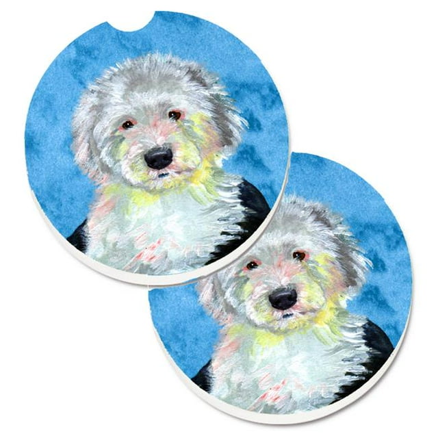 Blue Old English Sheepdog Set of 2 Cup Holder Car Coaster