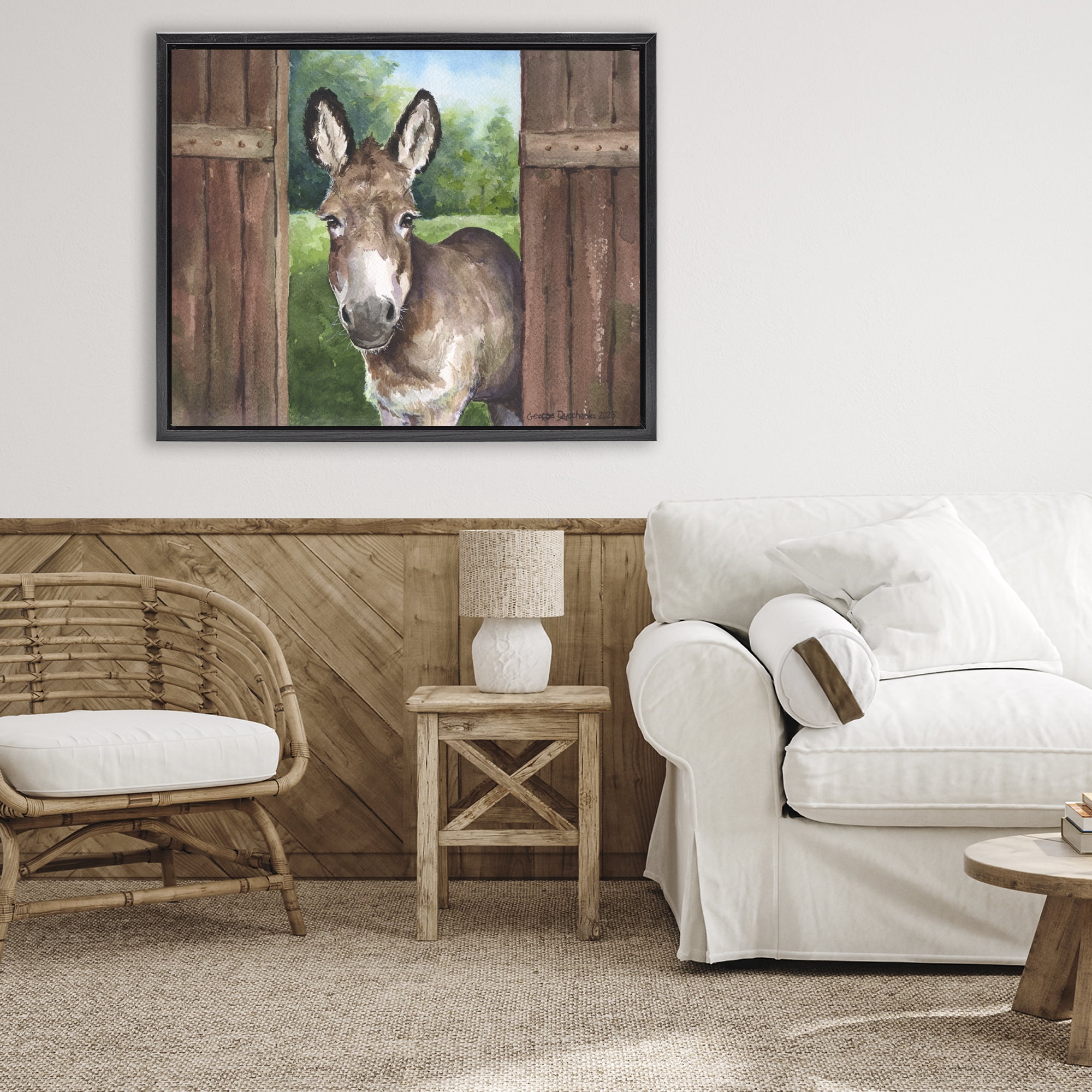 Stupell Industries Donkey in Wooden Gate Black Framed Floater Canvas Wall Art, design by George Dyachenko