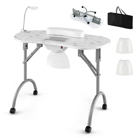 Costway Folding & Portable Manicure Table with Dust Collector LED Lamp Carry Bag White