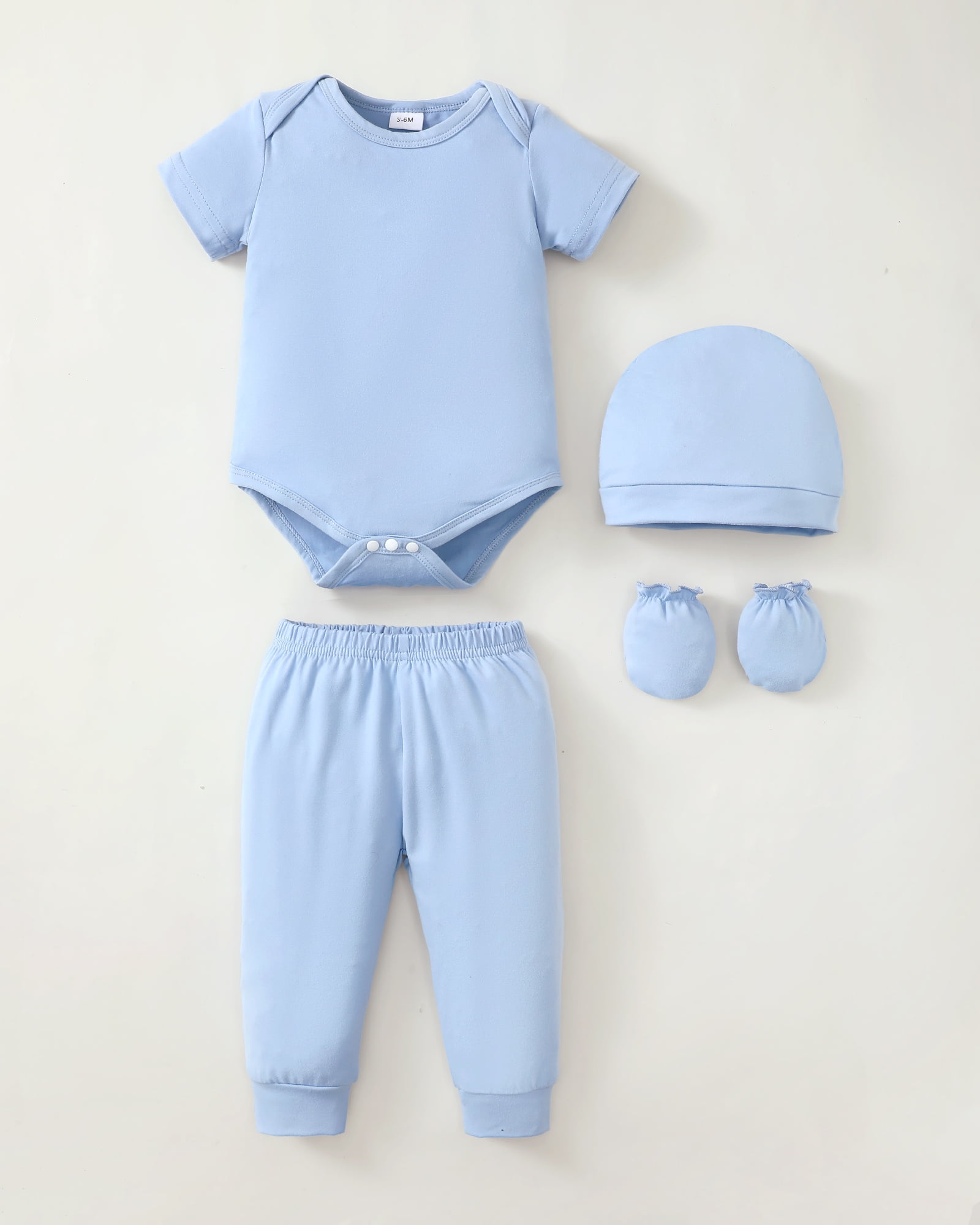 KIMI BEAR Newborn Baby Boys Outfits Sets 4 Packs 0-3 Months Summer Clothes Sets Short Sleeves Romper Top Elastic Pants with Hats and Gloves 16pcs Layette Essentials Blue