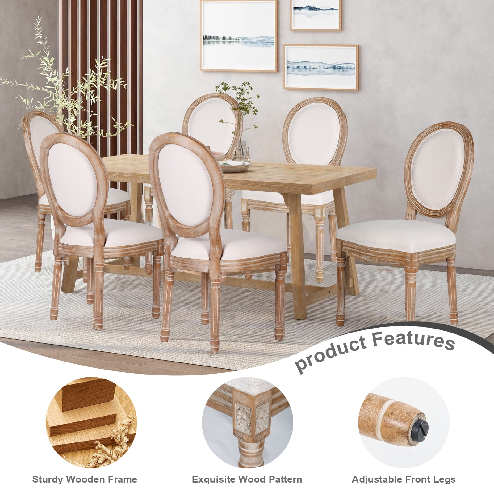 French Dining Chairs Set of 4 Beige Natural Fabric Round Back with Solid Wood Legs and Frame for Bedroom Dining Room Kitchen