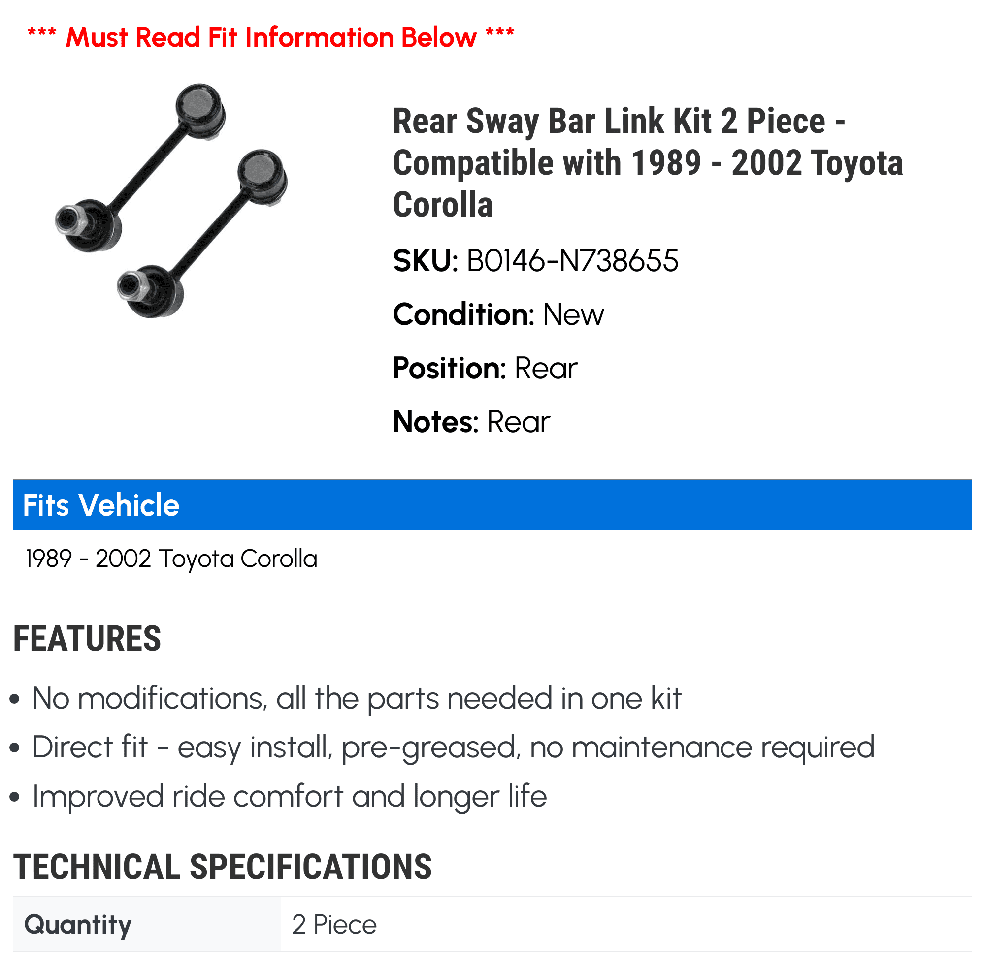 Rear Sway Bar Link Kit 2 Piece - Compatible with 1989 - 2002 Toyota Corolla 1990 1991 1992 1993 1994 1995 1996 1997 1998 1999 2000 2001