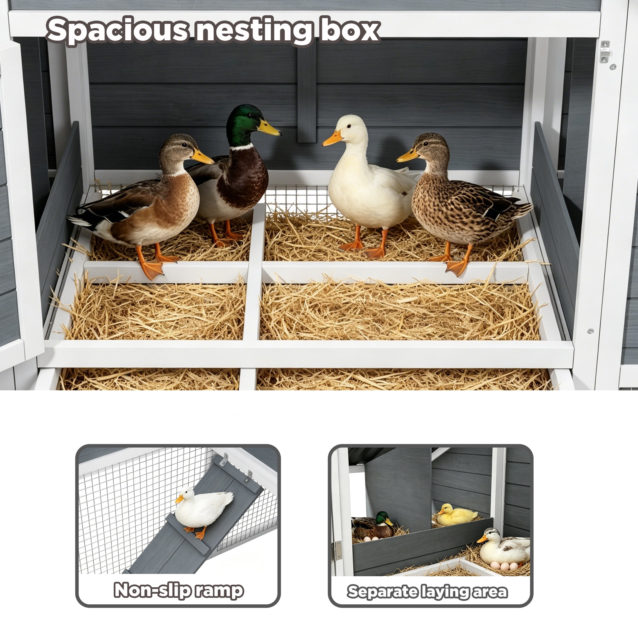 Outdoor 2 Story Duck Coop with 4 Nesting Boxes, Predator Proof Duck House for 4-6 Ducks, 66.2",White & Gray