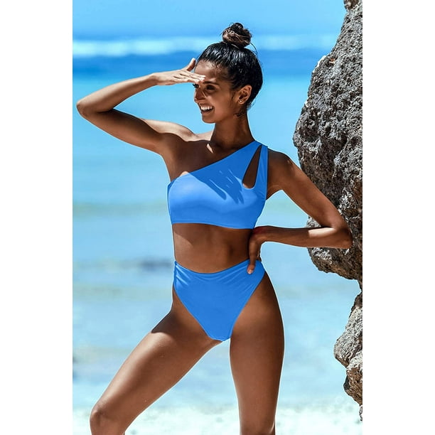 Womens Crop Top Swimsuit High Waisted One Shoulder Sports Bikini Two Piece Push  Up Bathing Suit 