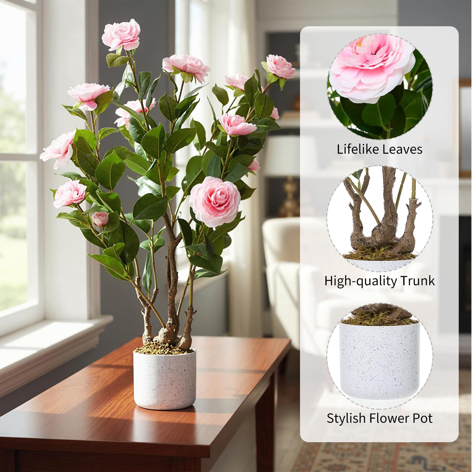 2.5FT Artificial Camellia Tree, Realistic Faux Plant in Pot with Flowers, Artificial Plants for Spring Home Decor Outdoor Porch Front Door Decor