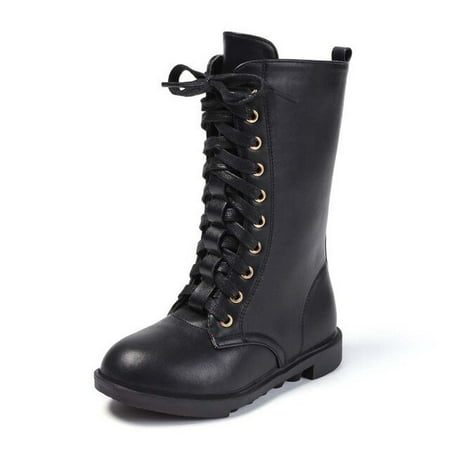 

DancePeanut Autumn Children Girls Lace-Up Work Boots Winter Kids Fashion Mid-Calf Boots High Shoes Size 26-39