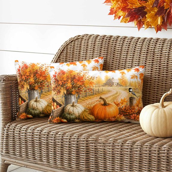 Outdoor Waterproof Throw Pillow Cover Farm Pumpkin Thanksgiving Fall Maple Leaves Decorative Pillow Covers 20x12inch Set of 2 Pillows Case, Orange Cushion Cases for Sofa Couch Patio Garden