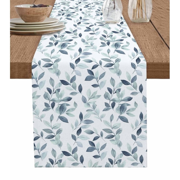 Blue Teal Leaves Table Runner 48 Inches, Watercolor Summer Botanical Bed Runner Dresser Scarves Tabletop for Indoor Outdoor Parties/Ceremony/Banquet, 13" x 48"