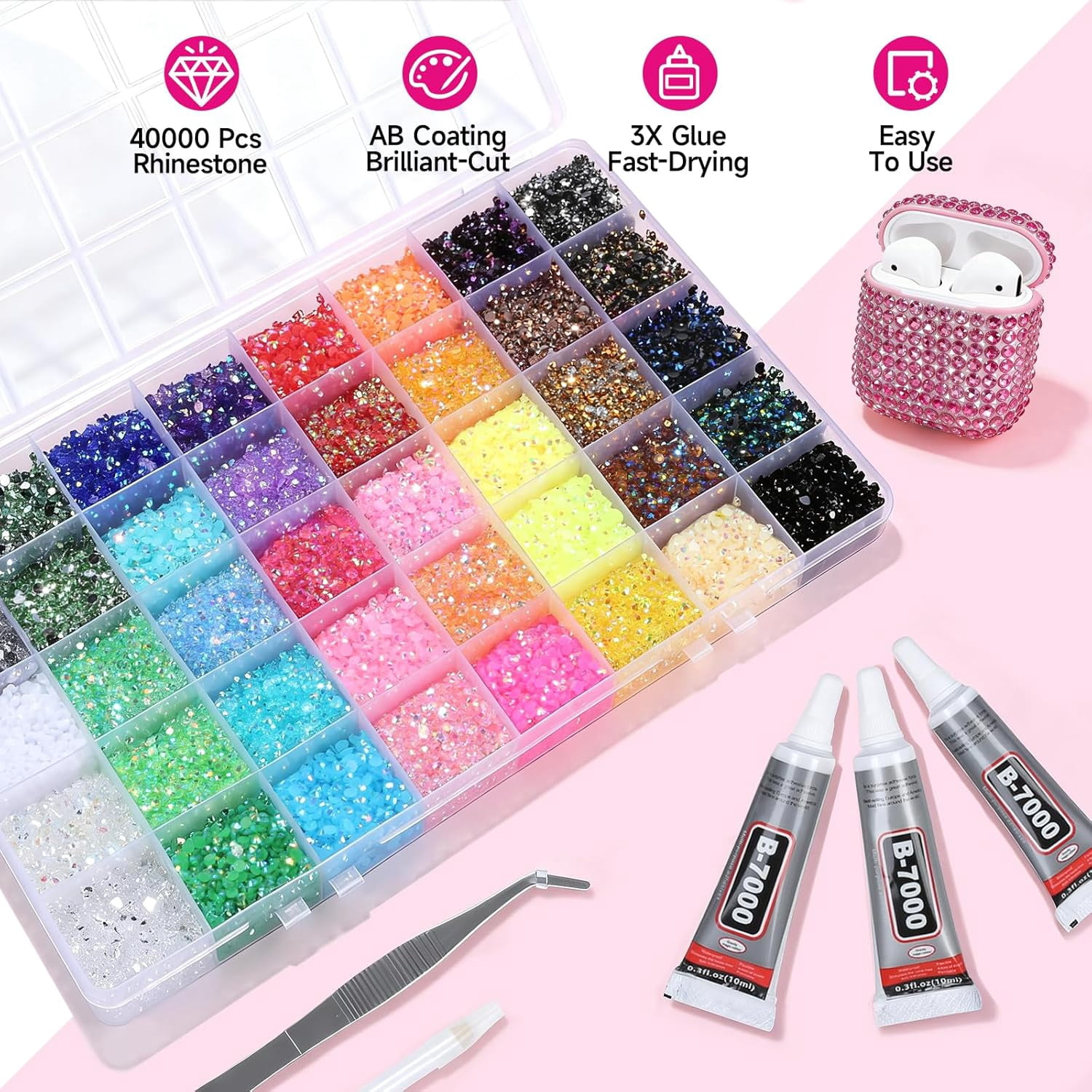 40000Pcs Bedazzler Kit with Rhinestones,40 Vibrant Colors Resin Jelly Rhinestones Gems Set with Glue,Tweezers & Pickup Pen,for Nail Art,DIY Crafts