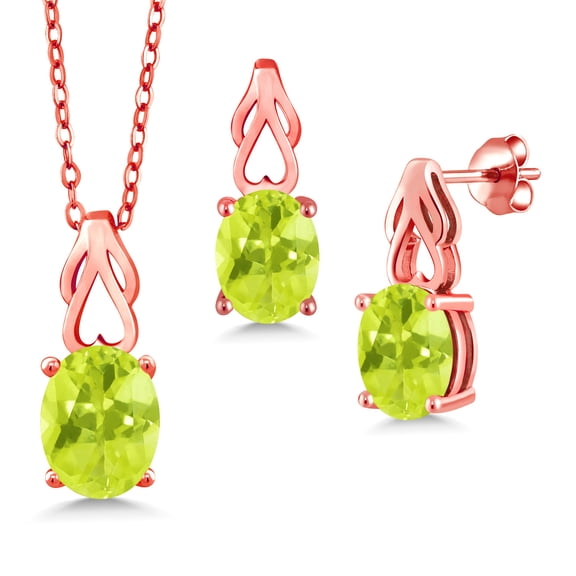 Gem Stone King 18K Rose Gold Plated Silver Yellow Lemon Quartz Pendant and Earrings Jewelry Set for Women | 4.95 Cttw | Oval 9X7 | Gemstone Birthstone | with 18 inch Chain