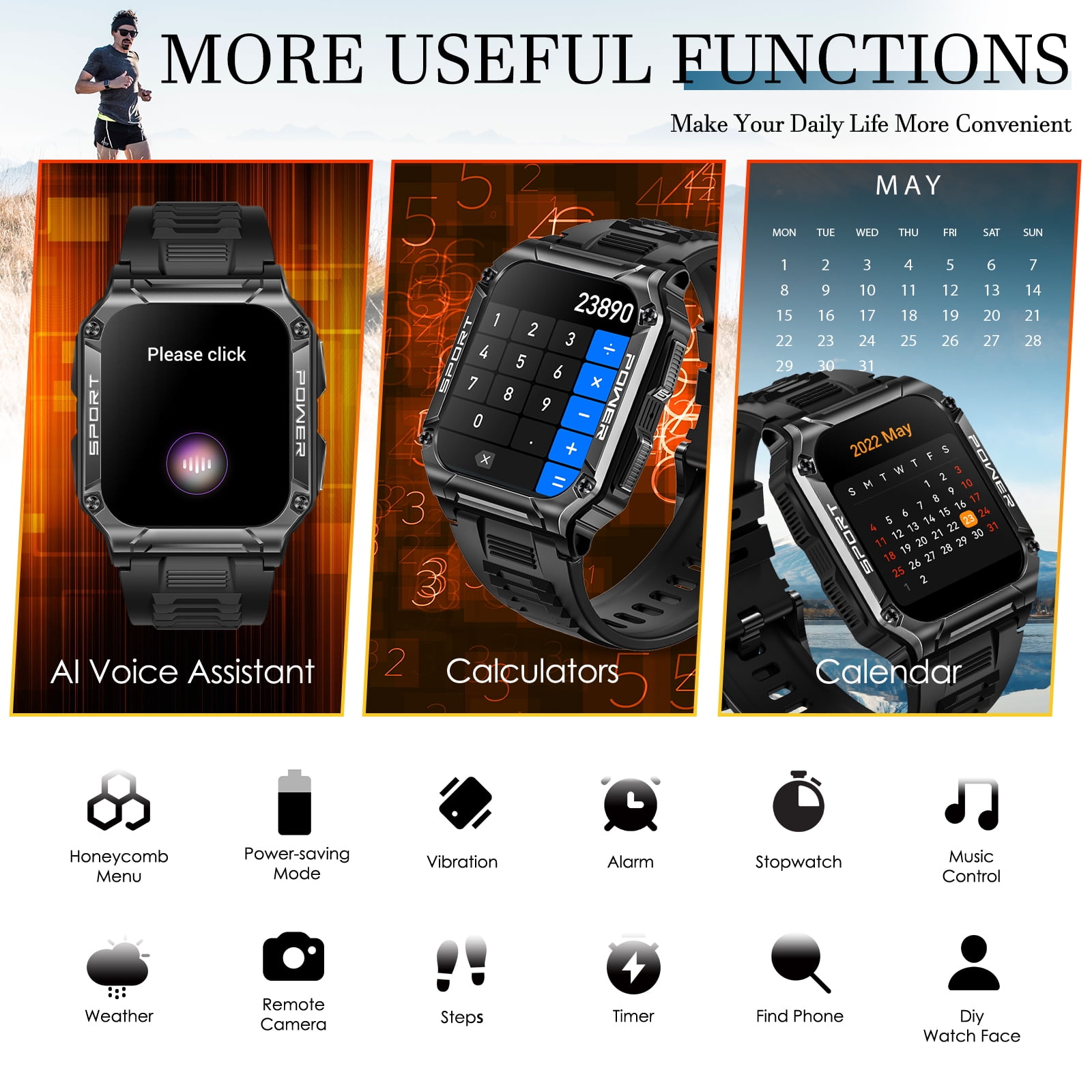 XAXRE Smartwatch for Men with Compass, 1.95'' Big Screen Rugged Sports Smartwatch, 400mAh Long Battery Outdoor Waterproof Smart Watches for Android iOS