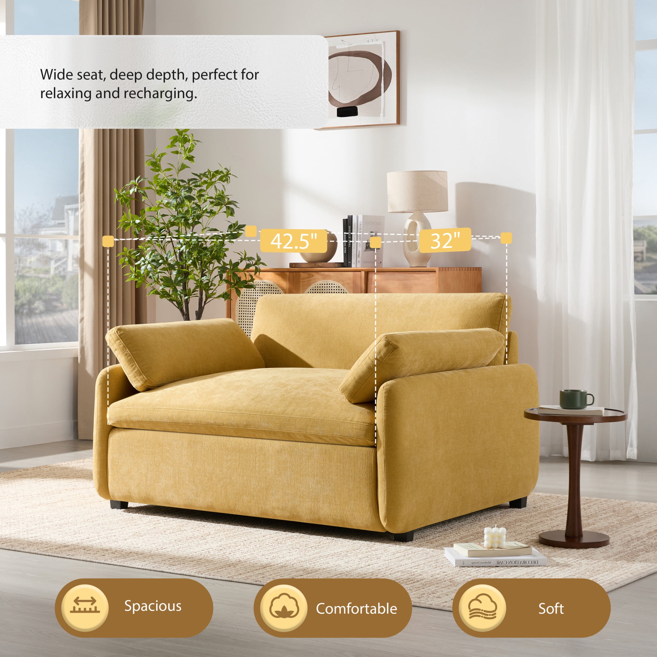 Noble House Iveron Oversized Chenille Upholstered Single Sofa Chair, Armchair Couch with Armrest Pillows, Yellow