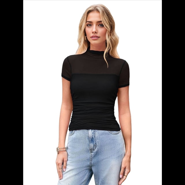 Camisetas de Corta con Cuello Alto para Mujer, de Transparente y Fruncida, para Salir A . Negro L
