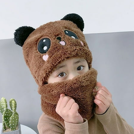

STEADY Bib Hat Girls And Boys Autumn And Winter Hats Qne-piece Thickened Warmth Cover Face Ear Protection Cap - Coffee