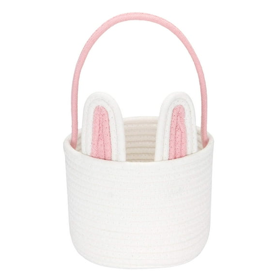 Sea Team Easter Bunny Basket for Eggs Hunt, Easter Eggs Bucket, Small Woven Cotton Rope Tote Bag with Rabbit Ears & Fluffy Tail for Kids, Easter Days Decoration, Party, Holidays, Pink