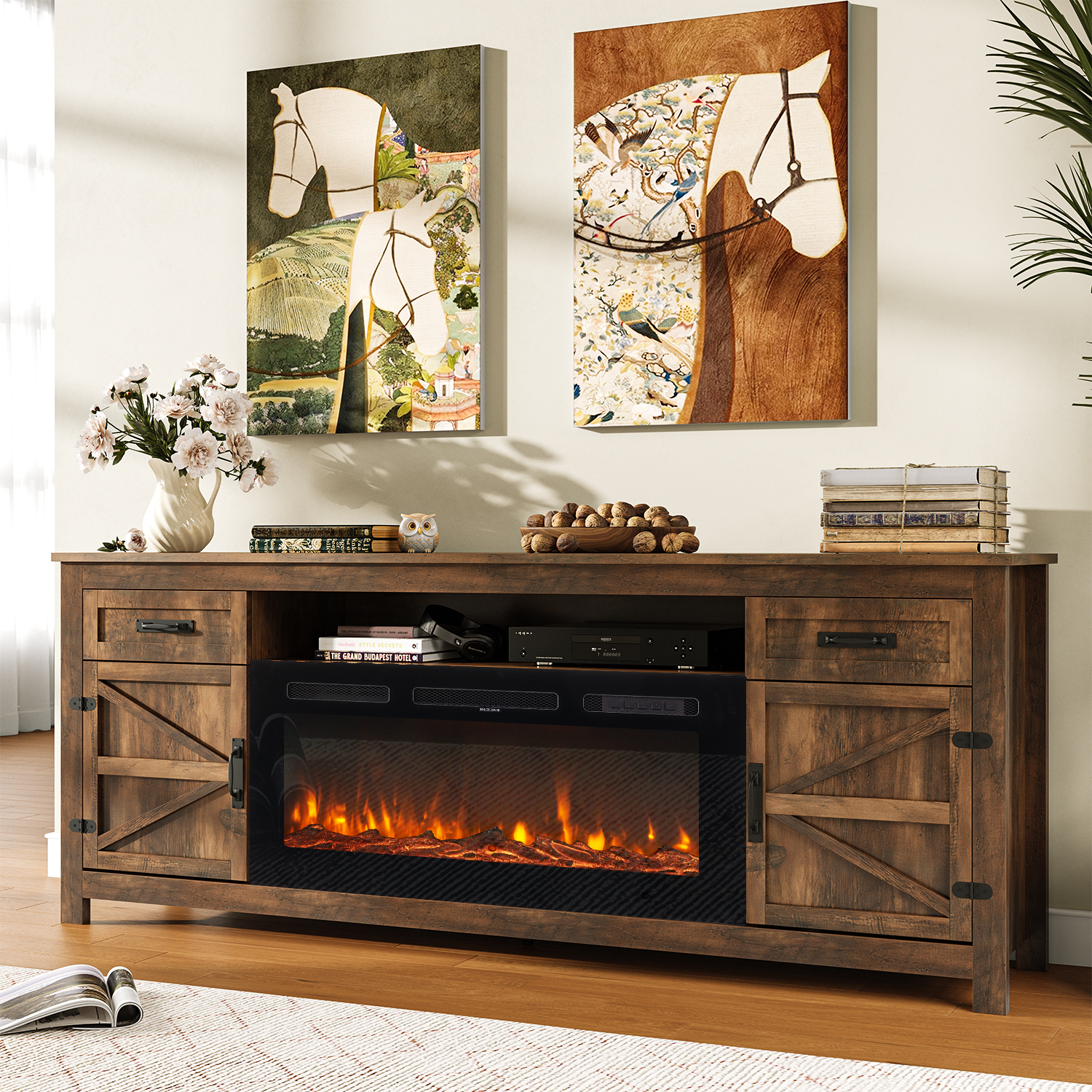 BaPiPro 70" Electric Fireplace TV Stand, Farmhouse Entertainment Center for TVs up to 80" with Storage Drawers, Rustic Brown