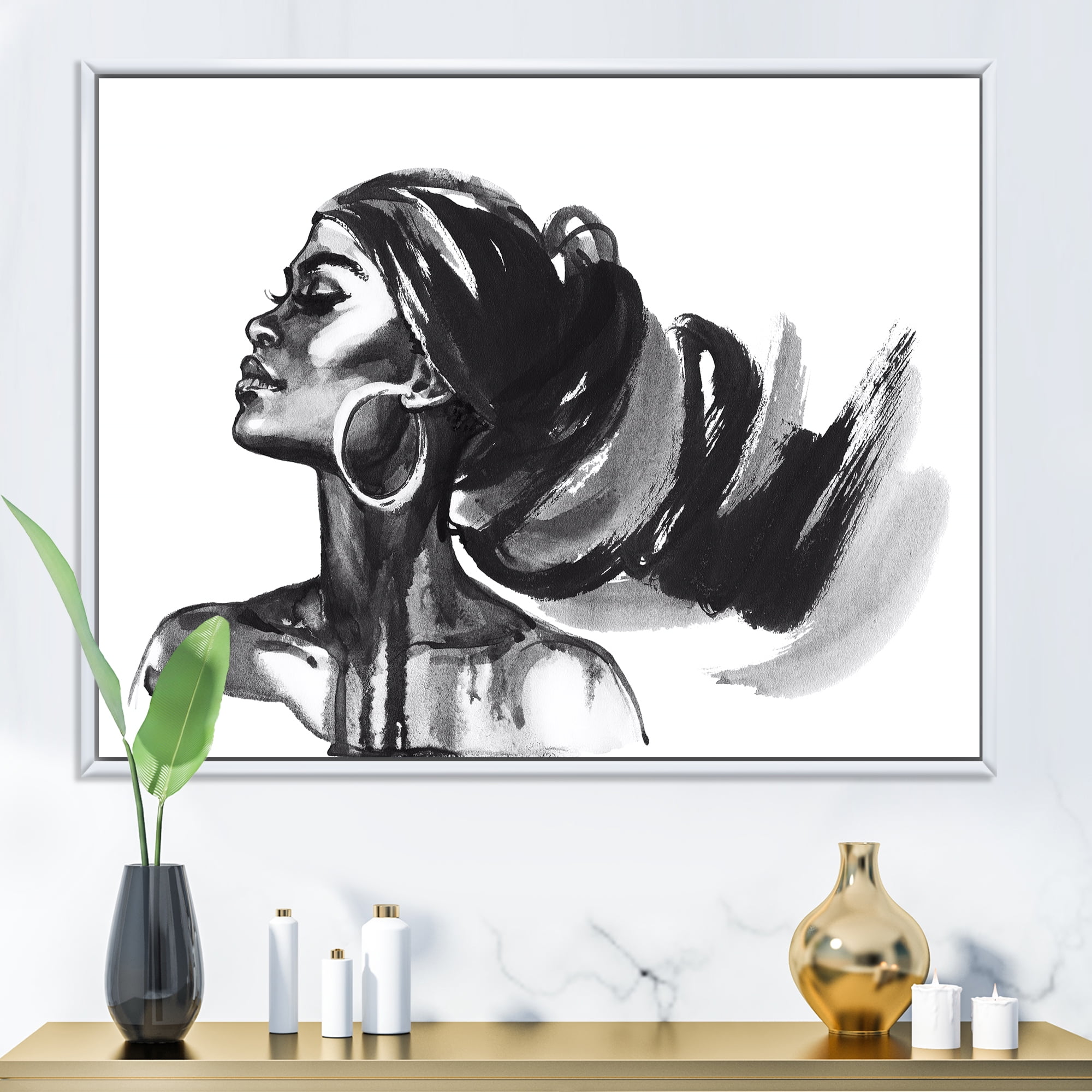 Designart 'Black and White Portrait of African American Woman IV' Modern Framed Canvas Wall Art Print