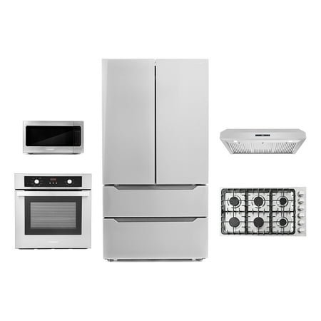 Cosmo 5 Piece Kitchen Package With 30  Gas Cooktop 24  Single Electric Wall Oven 24.4  Countertop Microwave French Door Refrigerator & 24  Built-in Fully Integrated Dishwasher