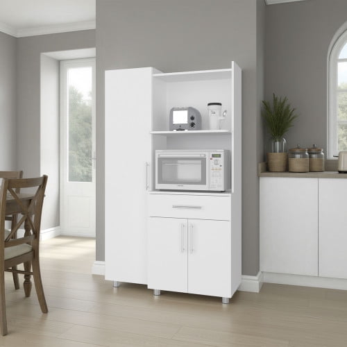 Soul Kitchen Storage Cabinet with Microwave Shelf, Drawer & Open Shelves, Freestanding Kitchen Pantry Cabinet, Utility Storage Cabinet for Kitchen, Dining Room & Coffee Bar, White