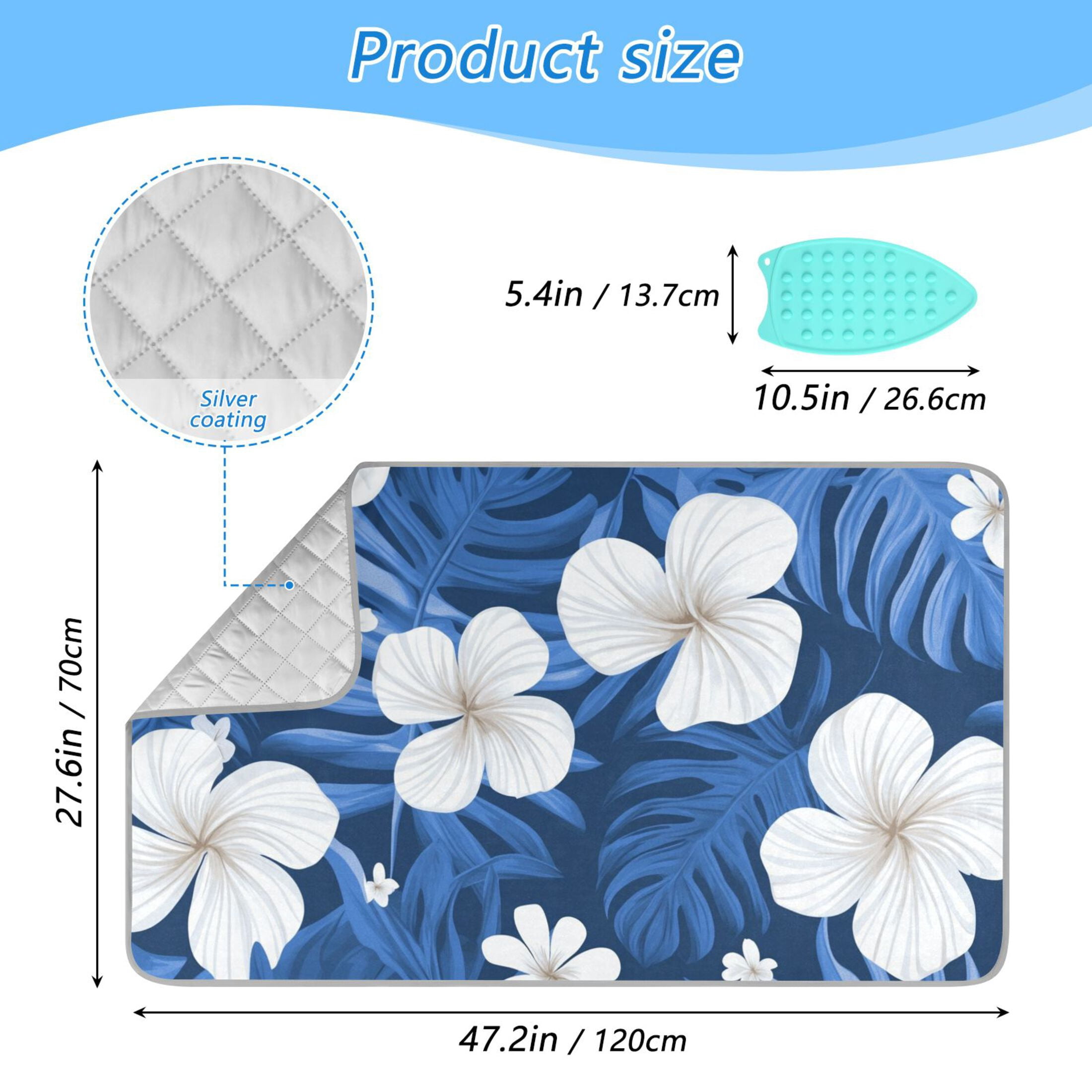 White Florals Blue Palm Leaves Hawaii Ironing Mat Blanket Portable Travel Ironing Pad Heat Resistant Pad 47.2" x 27.6”