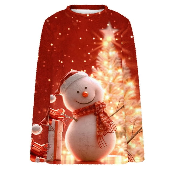 asdoklhq Womens Christmas Shirts Women's Warm Double-sided Velvet Christmas Print Pullover Long Sleeved Shirt Red 2X