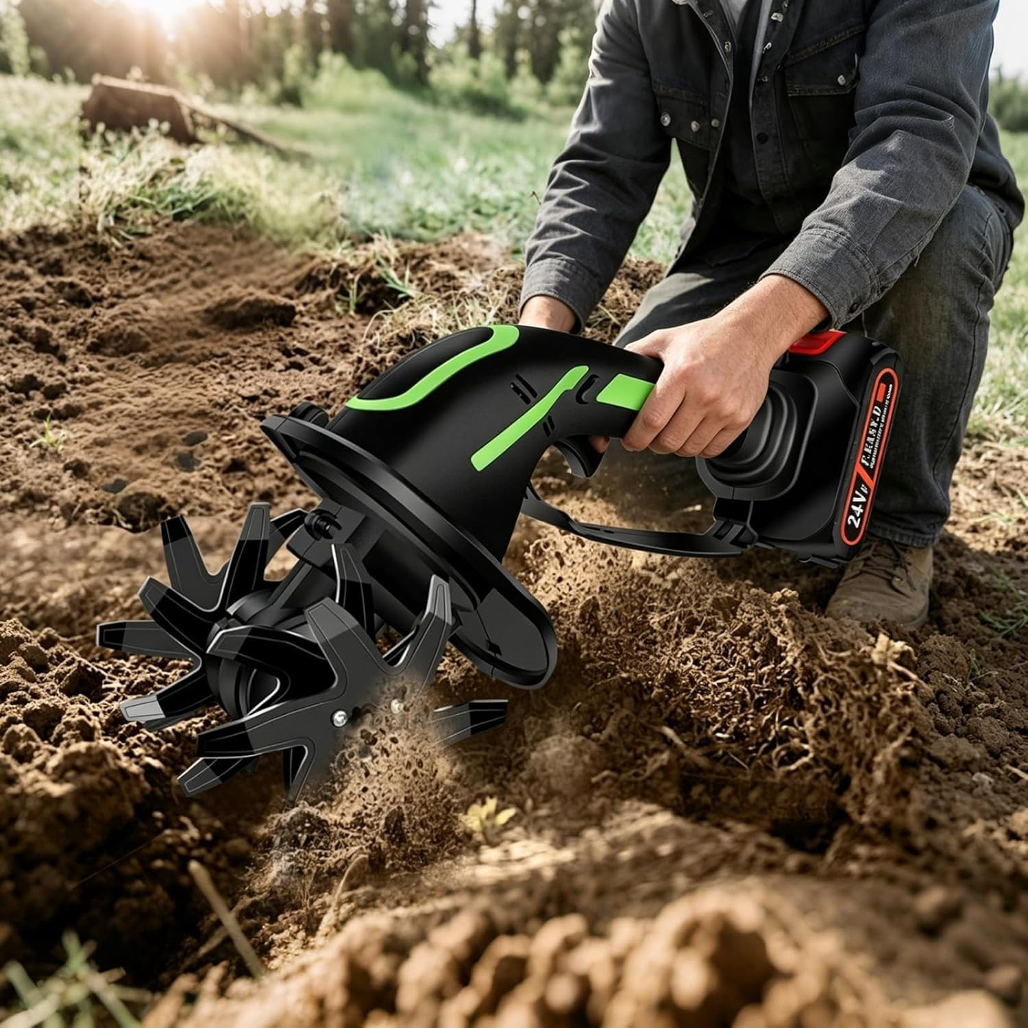 24V 2-in-1 Cordless Tiller & Cultivator with Extension Pole, 2×4.0Ah Batteries Electric Garden Rototiller, Handheld Soil Cultivator for Weeding Trenching Lawn Care (2 * 24V+Rod)