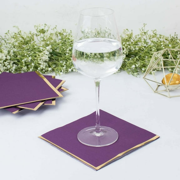 Efavormart 50 Pack | 2 Ply Soft Purple With Gold Foil Edge Party Paper Napkins, Dinner Cocktail Beverage Napkins