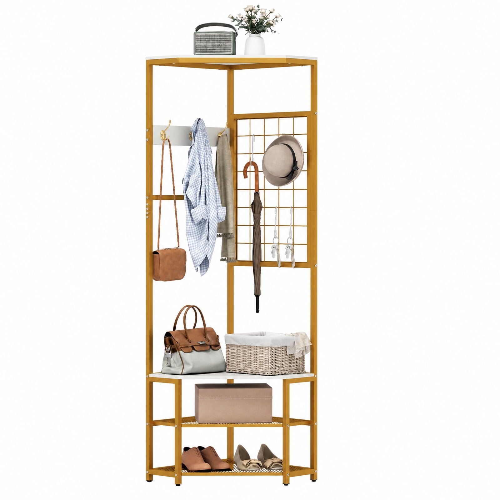 Furnibear Corner Freestanding Hall Tree Coat Rack with Storage Shelves and Removable Hooks for Entryway and Bedroom, White