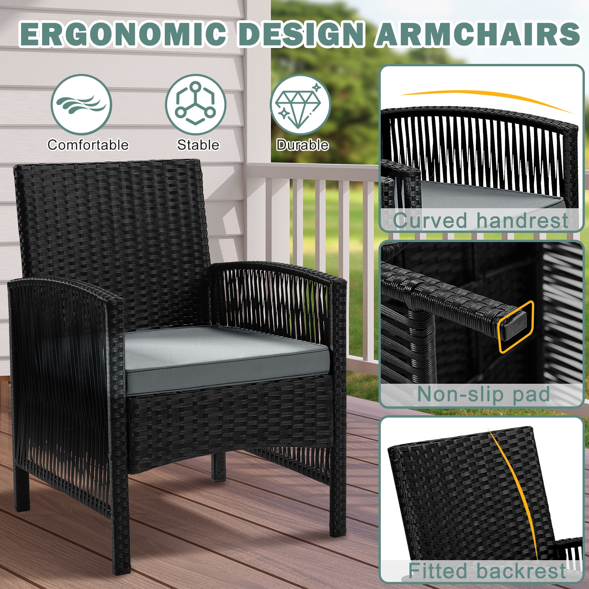 Outdoor Furniture Set, Segmart 4 Pieces Rattan Patio Sofa Set Cushioned Sofa & Charis, Deck Porch Poolside Furniture Conversation Set for 4 with Coffee Table, Gray
