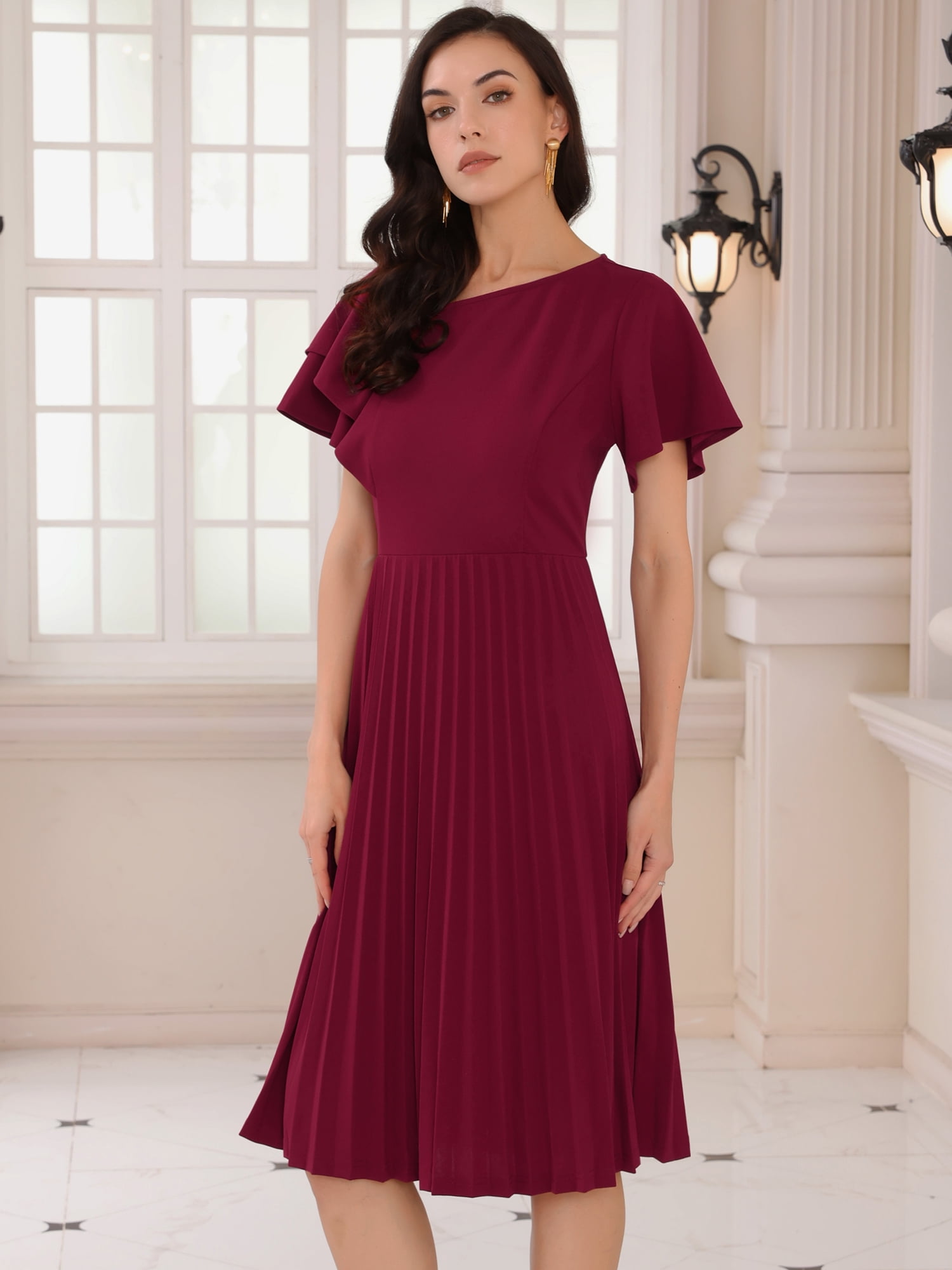 DARING DIVA Ruffled Sleeve Midi A-Line Pleated Work Dress L Dark Red