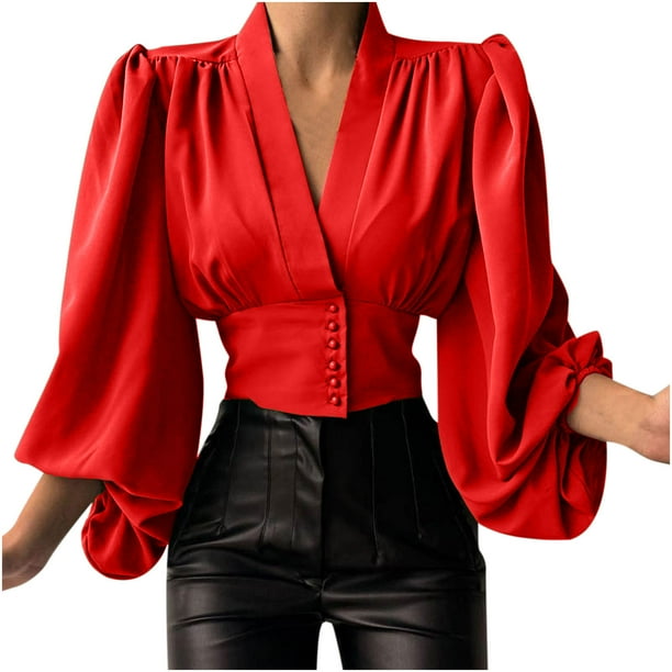 Mujeres Primavera Casual Sólido Cuello en V Linterna Botones de manga larga Suéter Blusa Camisa Draw Back Tops cortos Fridja hkj3534
