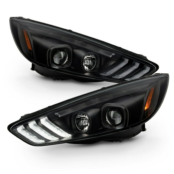AKKON - Fits 15-18 Ford Focus S | SE | ST | Titanium [Halogen Type] LED DRL Black Projector Headlights   Sequential Turn Signal