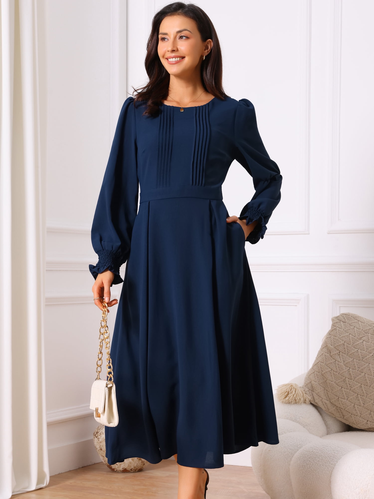 DARING DIVA Frilled Crewneck Long Sleeve Midi Fall Dress XL Dark Blue
