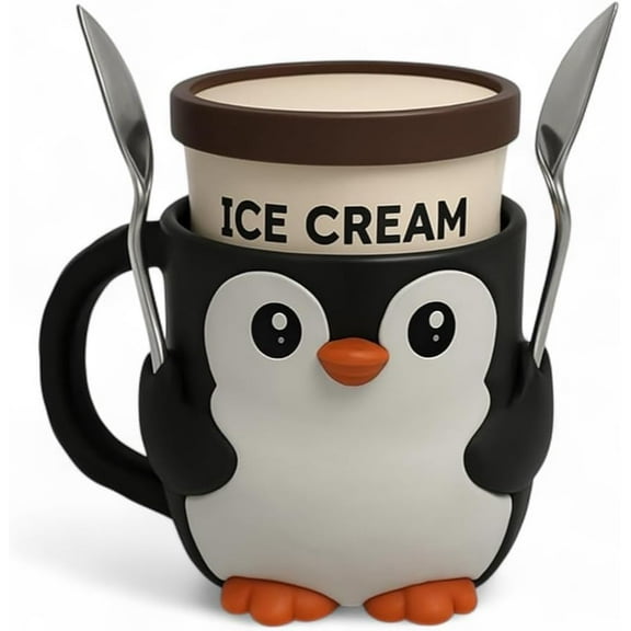 ZZ LIFE Penguin Ice Cream Pint Holder – Fits Standard Pints – Dual Spoon Sockets – Keeps Hands Warm – Fun Penguin Design with Vibrant Colors – Reusable Ice Cream Sleeve - Ramen Noodle Holder