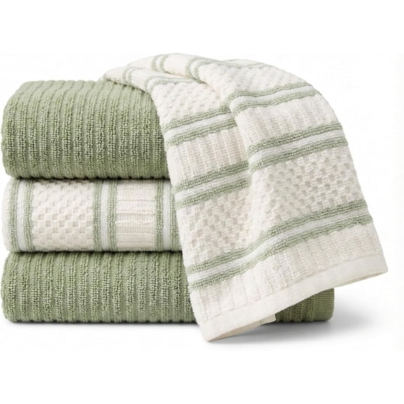 Kitchen Towels, Cotton Hand Towels, Sage Green and Cream Ribbed - Mini Weaved Stitched Set of 4 Absorbent Hand Drying Cloths, 18 x 28 Kitchen Linens