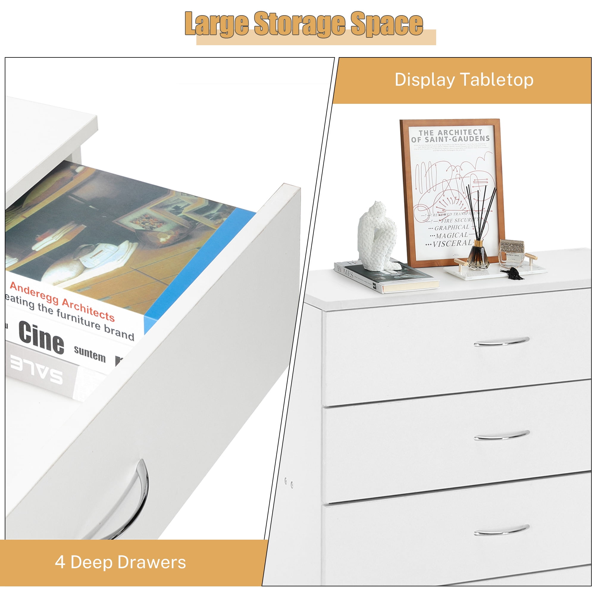 PAPROOS Modern White 4 Drawer Dresser, Chest of Drawers for Bedroom, Storage Cabinet Nightstand Dresser Organizer Unit with Handle for Living Room, Closet, Hallway
